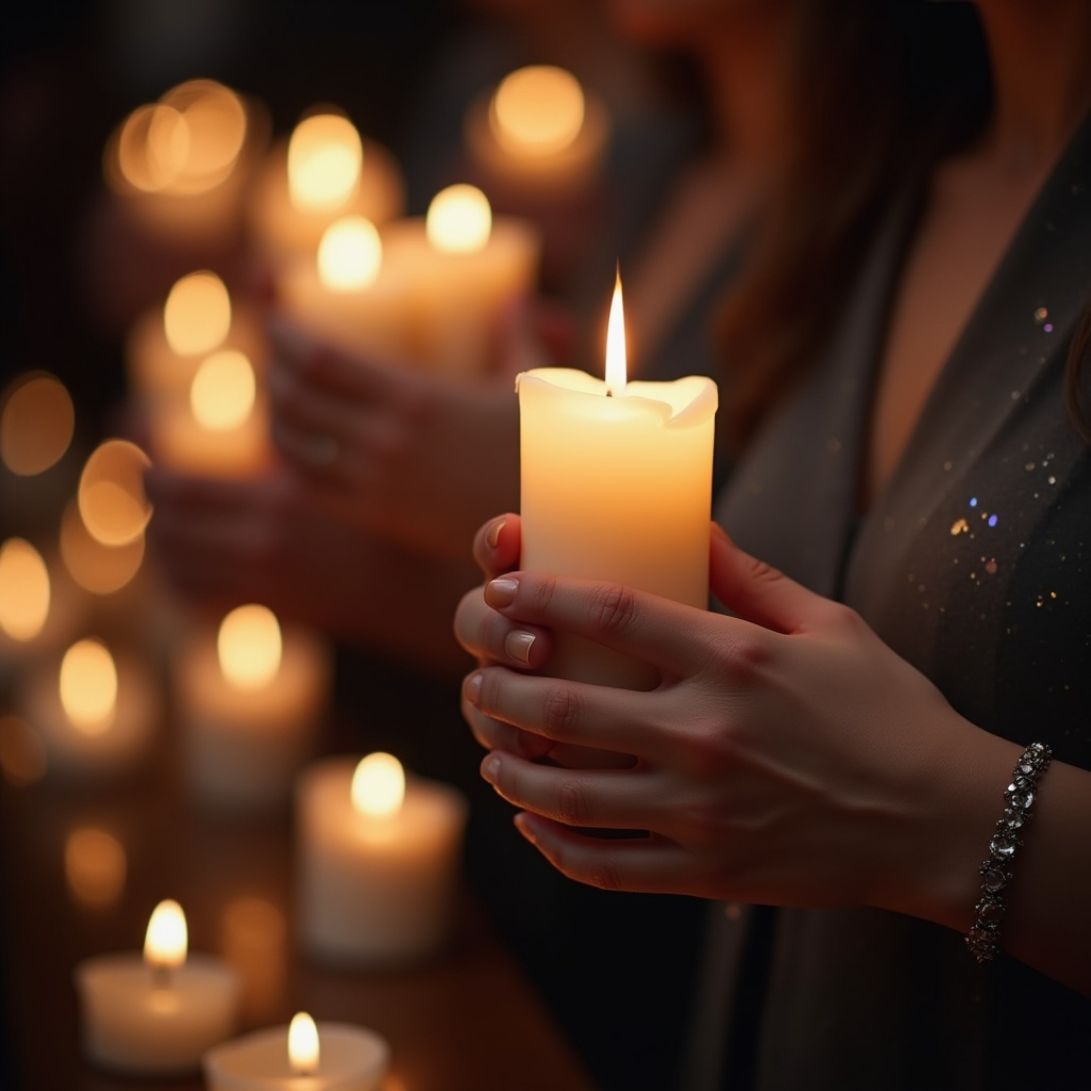 Frau hält eine Kerze, Kerzen im Hintergrund